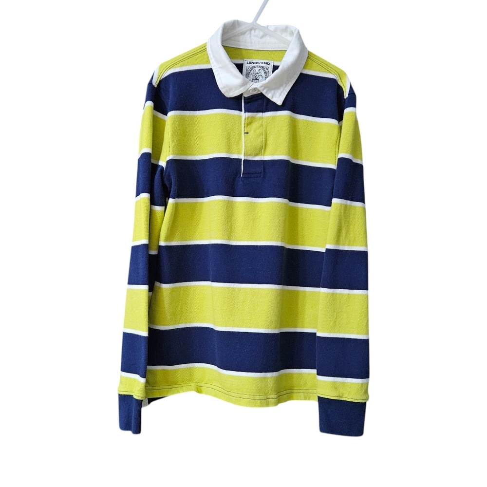 Land's End Rugby Shirt Boys Size 10-12 Blue Yellow- Green Stripes